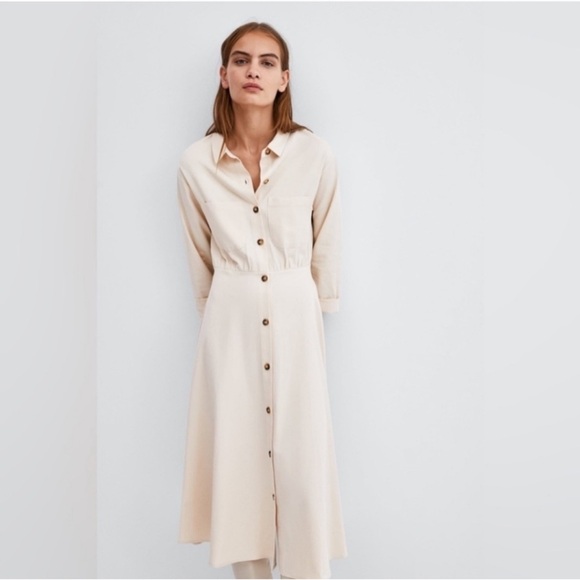 Zara Dresses & Skirts - Zara Button-Front Cream Shirt Dress